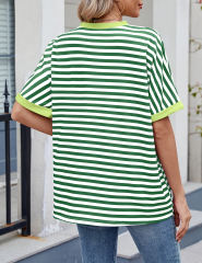 Green Striped Contrast Crew Neck Loose Fit T-shirt