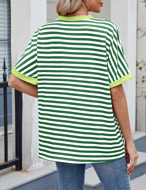 Green Striped Contrast Crew Neck Loose Fit T-shirt