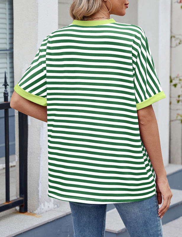 Green Striped Contrast Crew Neck Loose Fit T-shirt