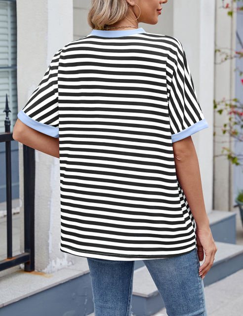 Black Striped Contrast Crew Neck Loose Fit T-shirt