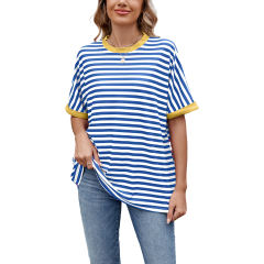 Blue Striped Contrast Crew Neck Loose Fit T-shirt