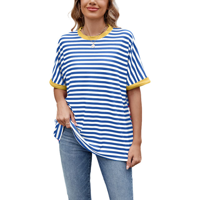 Blue Striped Contrast Crew Neck Loose Fit T-shirt