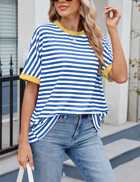 Blue Striped Contrast Crew Neck Loose Fit T-shirt