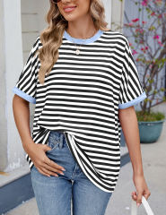 Black Striped Contrast Crew Neck Loose Fit T-shirt