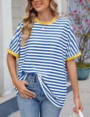 Blue Striped Contrast Crew Neck Loose Fit T-shirt