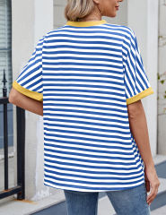 Blue Striped Contrast Crew Neck Loose Fit T-shirt