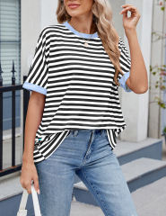 Black Striped Contrast Crew Neck Loose Fit T-shirt