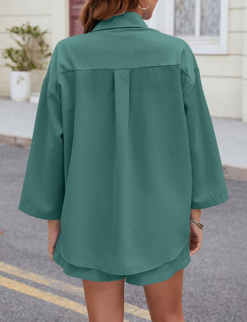 Green 3/4 Sleeve Pockets Buttoned Shirt and Shorts Set