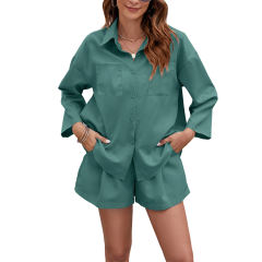 Green 3/4 Sleeve Pockets Buttoned Shirt and Shorts Set