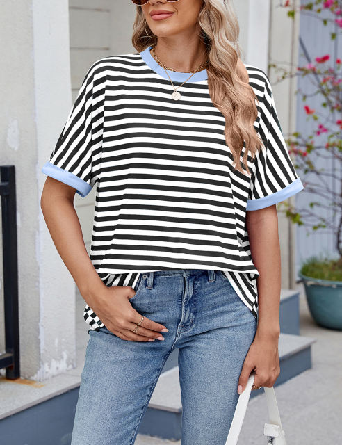 Black Striped Contrast Crew Neck Loose Fit T-shirt