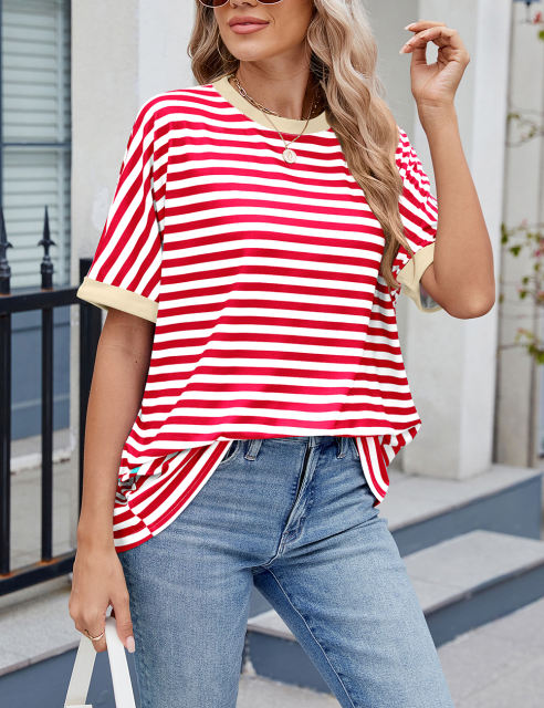 Red Striped Contrast Crew Neck Loose Fit T-shirt