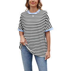 Black Striped Contrast Crew Neck Loose Fit T-shirt