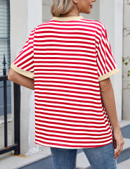 Red Striped Contrast Crew Neck Loose Fit T-shirt