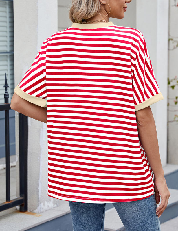 Red Striped Contrast Crew Neck Loose Fit T-shirt
