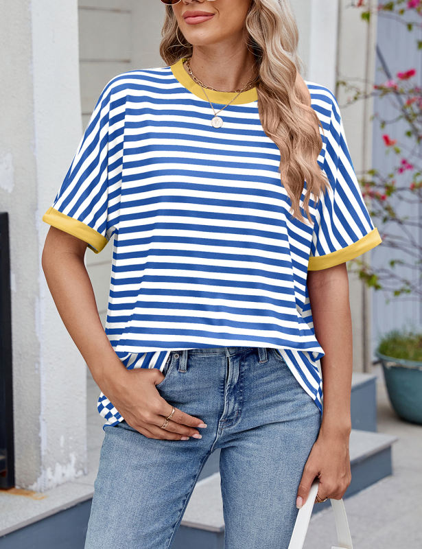Blue Striped Contrast Crew Neck Loose Fit T-shirt