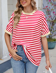 Red Striped Contrast Crew Neck Loose Fit T-shirt