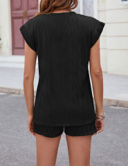 Black Textured Cap Sleeve Top and Pocketed Shorts Set