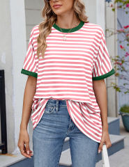 Pink Striped Contrast Crew Neck Loose Fit T-shirt