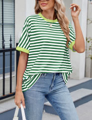 Green Striped Contrast Crew Neck Loose Fit T-shirt
