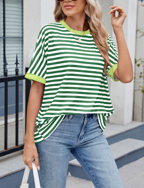 Green Striped Contrast Crew Neck Loose Fit T-shirt