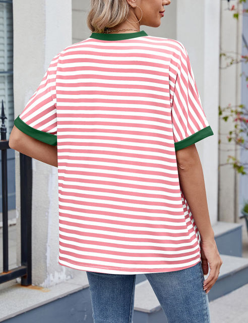 Pink Striped Contrast Crew Neck Loose Fit T-shirt