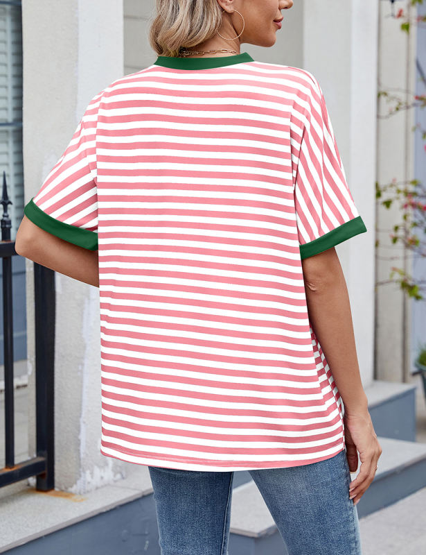 Pink Striped Contrast Crew Neck Loose Fit T-shirt