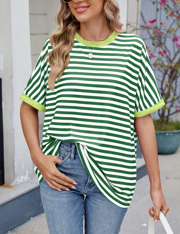 Green Striped Contrast Crew Neck Loose Fit T-shirt