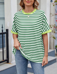 Green Striped Contrast Crew Neck Loose Fit T-shirt