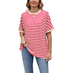 Red Striped Contrast Crew Neck Loose Fit T-shirt
