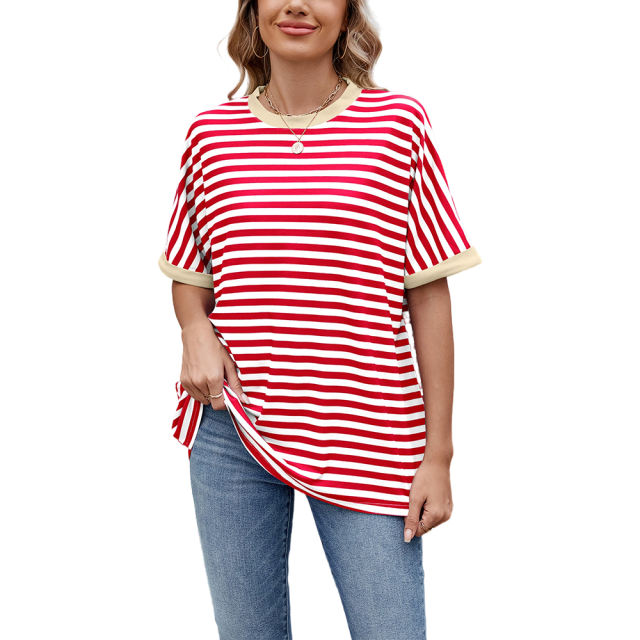Red Striped Contrast Crew Neck Loose Fit T-shirt
