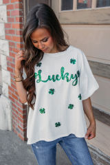 White St Patrick Lucky Clover Sequin Graphic T Shirt