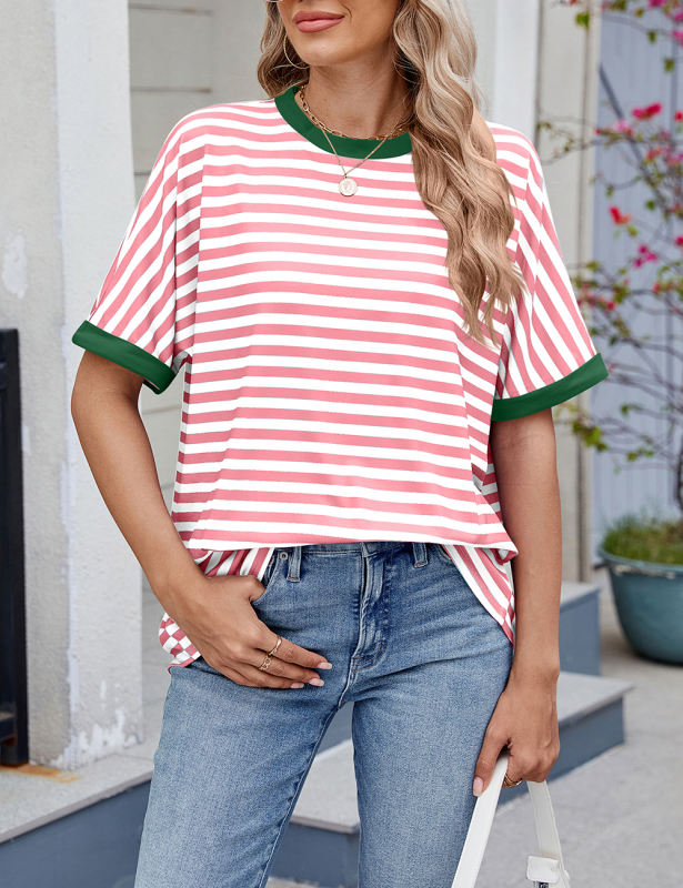 Pink Striped Contrast Crew Neck Loose Fit T-shirt