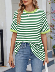 Green Striped Contrast Crew Neck Loose Fit T-shirt