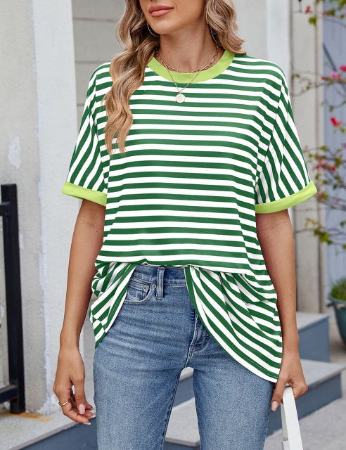 Green Striped Contrast Crew Neck Loose Fit T-shirt
