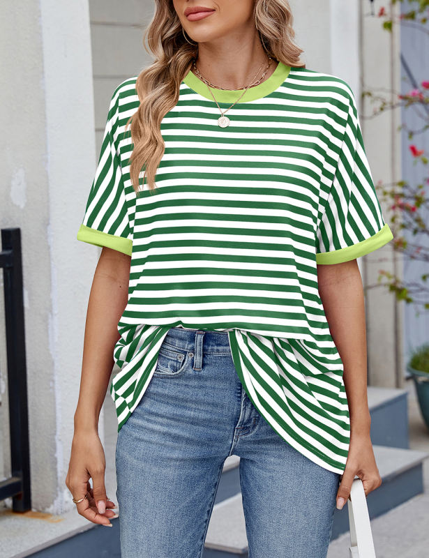 Green Striped Contrast Crew Neck Loose Fit T-shirt