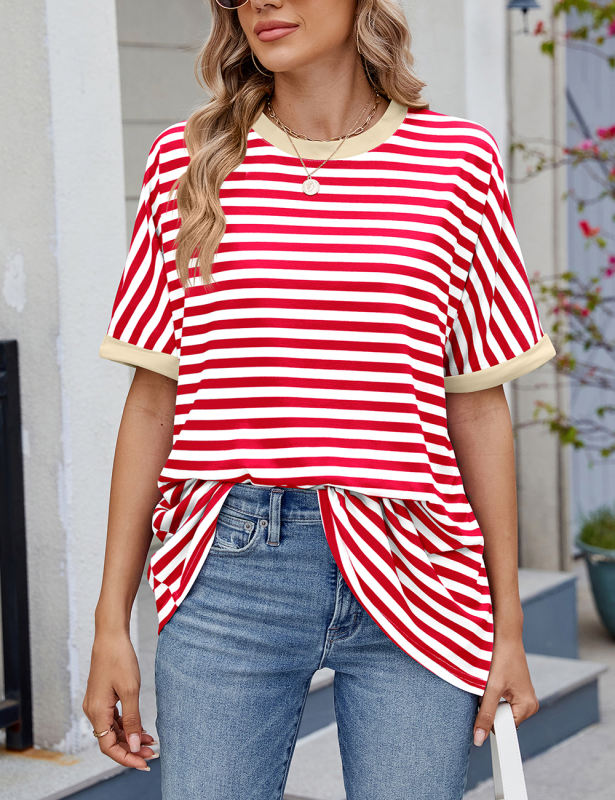 Red Striped Contrast Crew Neck Loose Fit T-shirt