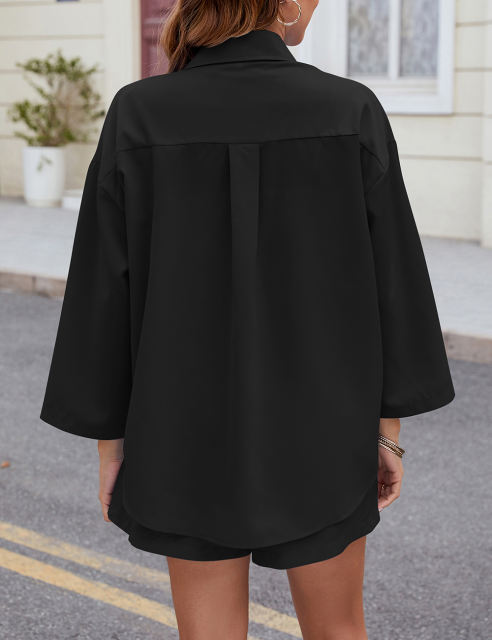 Black 3/4 Sleeve Pockets Buttoned Shirt and Shorts Set