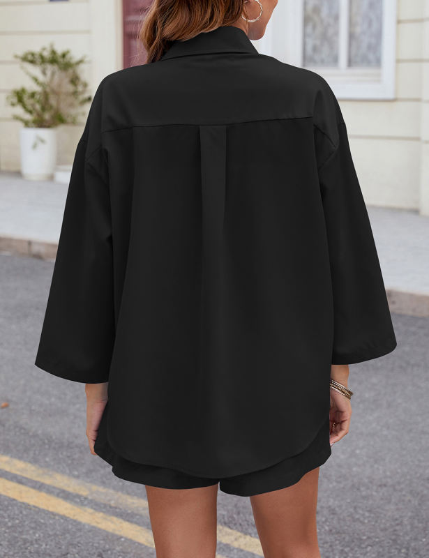 Black 3/4 Sleeve Pockets Buttoned Shirt and Shorts Set