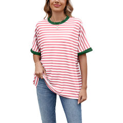 Pink Striped Contrast Crew Neck Loose Fit T-shirt