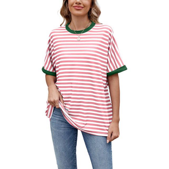Pink Striped Contrast Crew Neck Loose Fit T-shirt