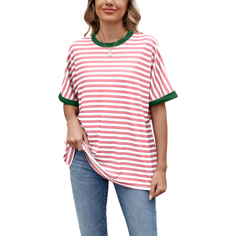 Pink Striped Contrast Crew Neck Loose Fit T-shirt