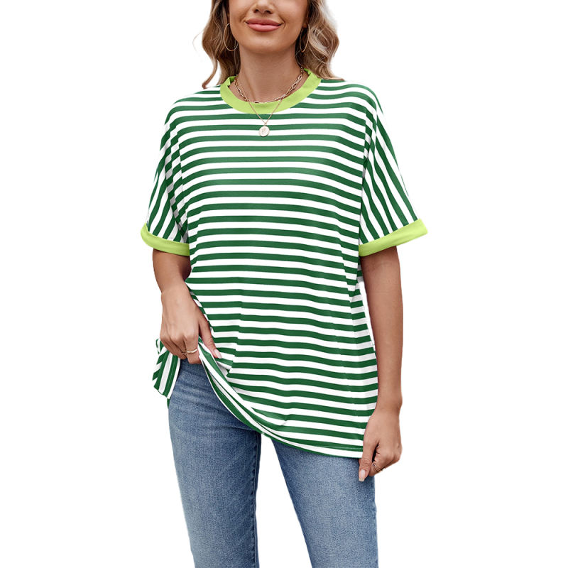 Green Striped Contrast Crew Neck Loose Fit T-shirt