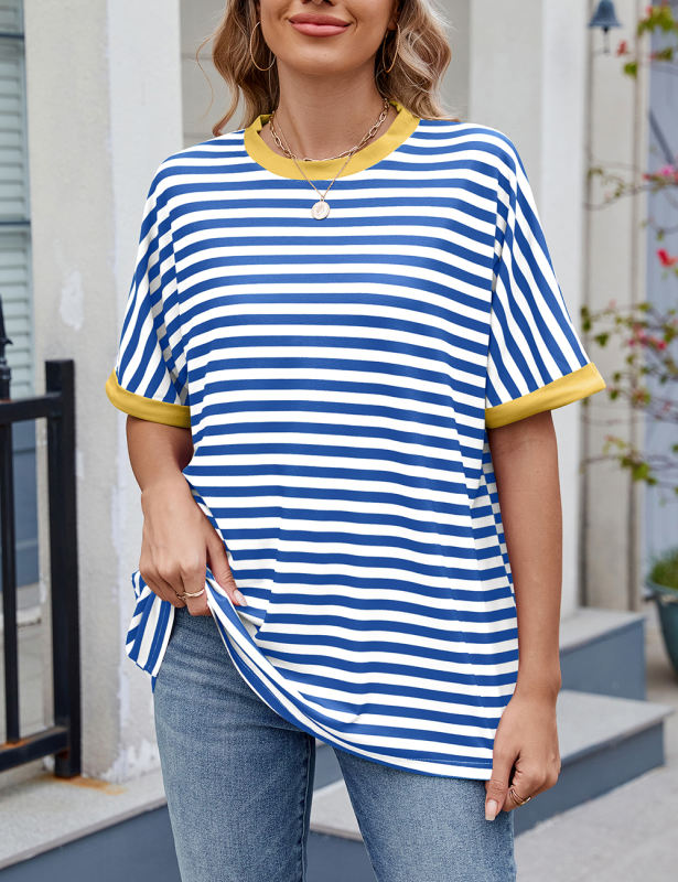 Blue Striped Contrast Crew Neck Loose Fit T-shirt