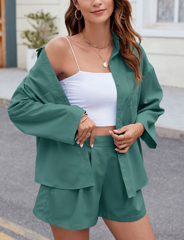 Green 3/4 Sleeve Pockets Buttoned Shirt and Shorts Set