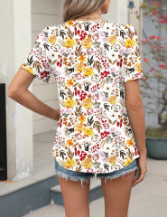 Yellow Floral Print Pleated Bust Loose Fit Short Sleeve Tees