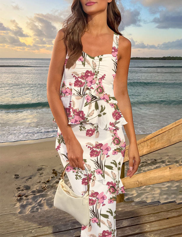 White Floral Print Tiered Ruffled Tank Top and Maxi Skirt Set