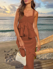 Caramel Solid Tiered Ruffled Tank Top and Maxi Skirt Set