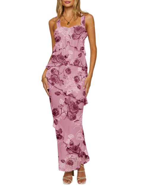 Pink Flower Print Tiered Ruffled Tank Top and Maxi Skirt Set