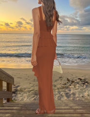 Caramel Solid Tiered Ruffled Tank Top and Maxi Skirt Set