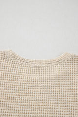 Beige Waffle Floral Patchwork Short Flounce Sleeve Peplum Blouse